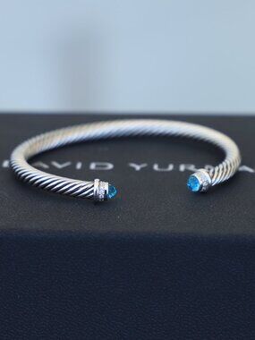 David Yurman Women's 5mm Sterling Silver Blue Topaz Diamonds Bracelet size Small